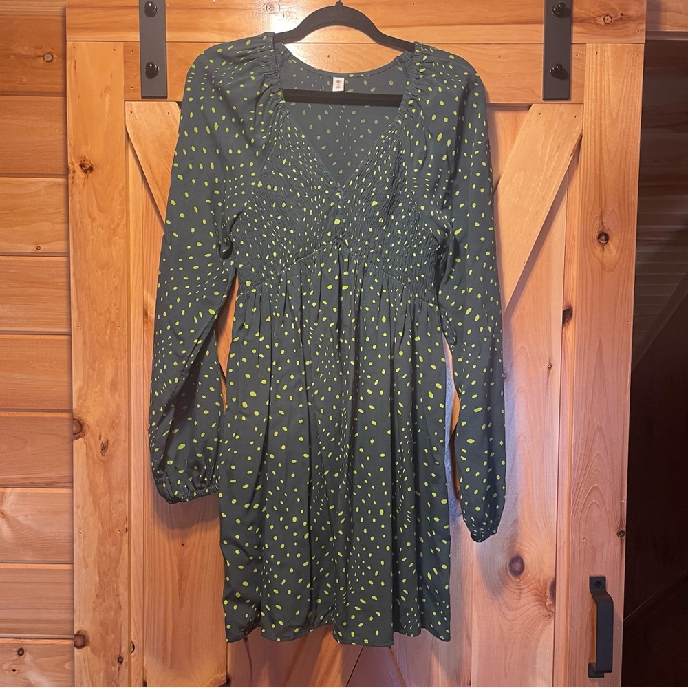 Dark Green Long Sleeve Smocked Polka Dot Dress - Lime Spots, size medium